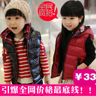  女童秋冬棉马甲背心 亮面连帽儿童背心坎肩韩版马甲