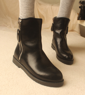 秋冬新款 双侧拉链百搭尖头马丁靴厚底坡跟短靴尖头靴子女