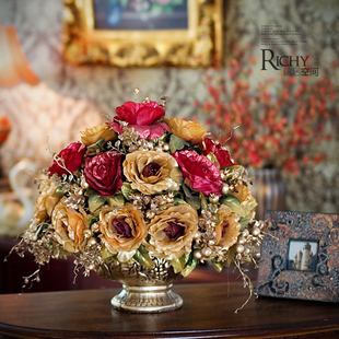  玫瑰带花瓶 奢华欧式仿真花套装 家居饰品客厅摆设花摆件装饰假花