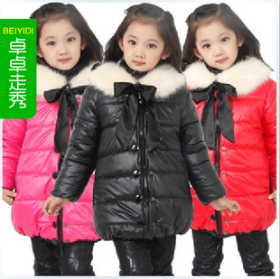  新款冬装韩版儿童加厚棉袄 女童毛领蝴蝶结棉衣 气质公主外套