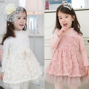  韩版童装女童儿童春装甜美玫瑰花蝴蝶结长袖网纱连衣裙公主裙