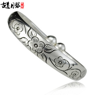  银手镯 99纯银 女款 纯银手镯 复古 老银匠手工银饰品 梅花银镯子