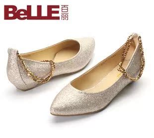 特价春季新款百丽正品 低跟婚鞋金色伴娘新娘鞋40大码尖头女单鞋