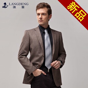  浪登 新款男士羊毛料时尚休闲西装啡黄色格子两粒单排扣西服YG001