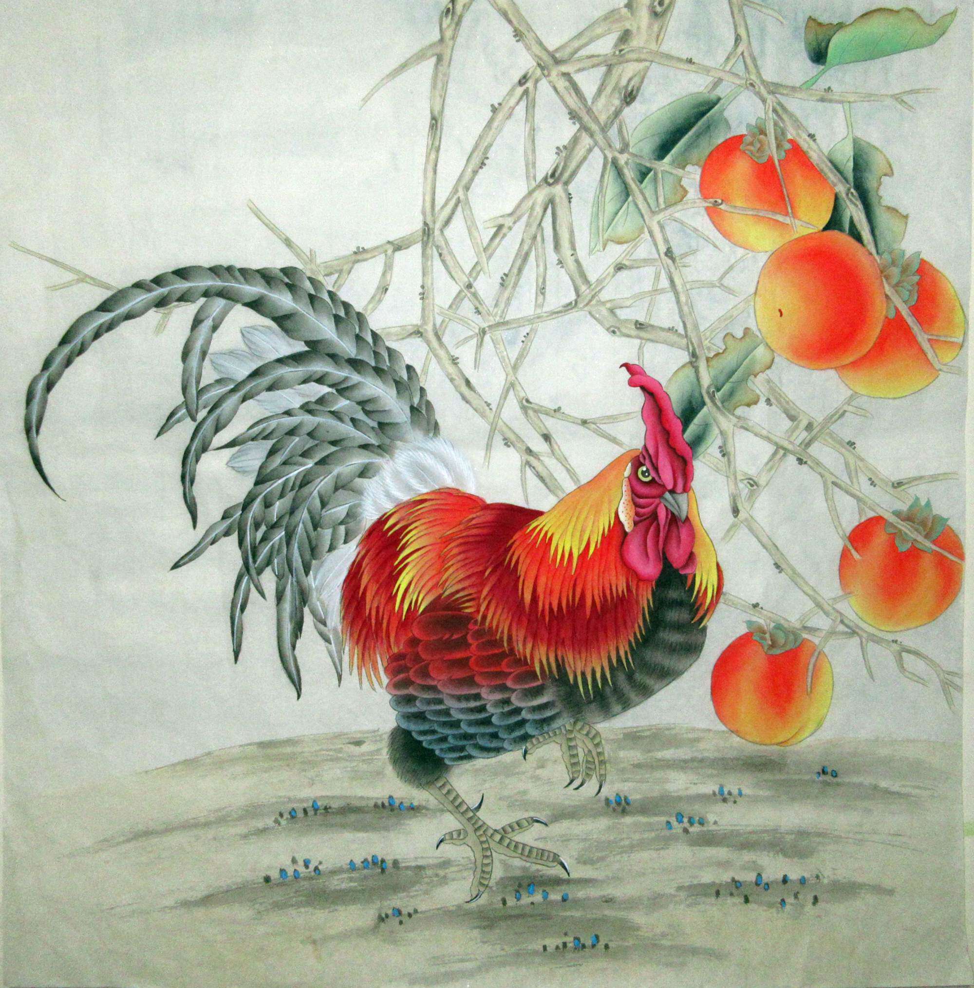纯手绘四尺斗方书房工笔花鸟公鸡吉祥如意名人字画国画中国书画