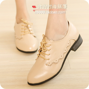  春季 新款英伦风女鞋欧美布洛克复古系带平跟单鞋平底鞋子