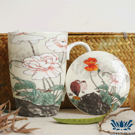 纯手工彩绘水墨牡丹花带盖马克杯水杯牛奶杯咖