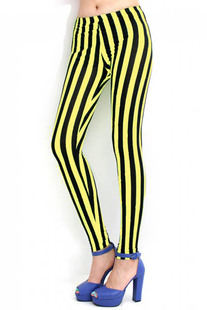 新款黄黑间色竖条纹性感打底裤L9689-2