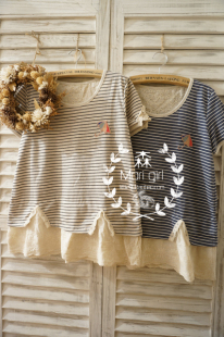  日单 森林系 伞之舞 百搭条纹拼接棉布蕾丝花边春夏t恤 森女山女