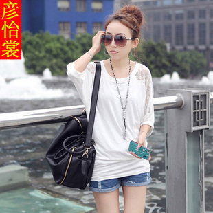  包邮 彦怡裳 春夏新款韩版女装蕾丝拼接蝙蝠袖宽松T恤 女