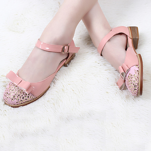  夏季新品休闲平底鞋 复古英伦蝴蝶结学院风粗跟凉鞋 女鞋