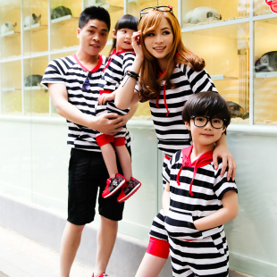  条纹哈伦裤童装 亲子装 休闲套装 夏装短袖卫衣母子母女装 父女装
