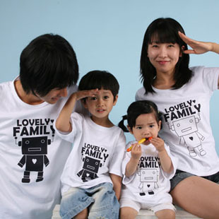  夏装韩国家庭装机器人父子装父女装一家三口亲子装短袖T恤