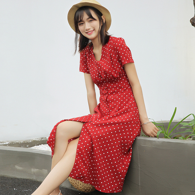 红色波点连衣裙2019夏装复古赫本风法式雪纺高腰中长款V领桔梗裙