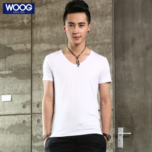  WOOG韩版男装夏装新款男士纯白色莫代尔V领短袖t恤纯色打底衫