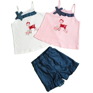  儿童夏季衣服 婴儿薄款套头衫 宝宝原创纯色吊带套装 上衣加短裤