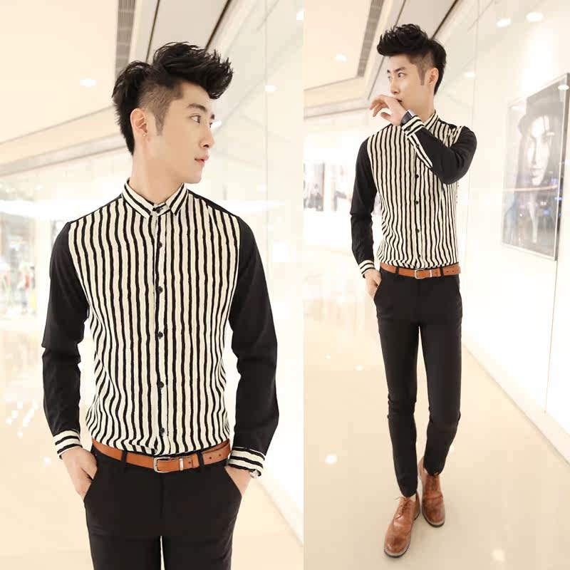 红人会所 高端<em>男士发型</em>师衬衫<em>韩版</em>修身条纹长