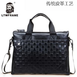  LTWFRANE男士真皮手提包商务包包 头层牛皮公文包电脑包 格纹男包
