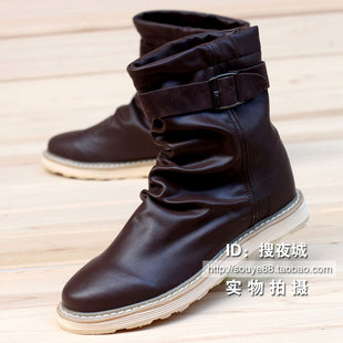  冬季新款 韩版套筒马丁靴PU皮靴 保暖潮流军靴男士机车靴 2色选