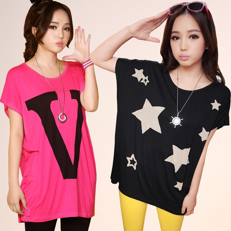 Summer dress new 2013 Korean women's shirts round neck bat sleeve loose yards in the long short sleeve t shirts women