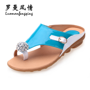  夏季新款韩版一字拖潮波西米亚凉拖坡跟水钻夹趾女鞋