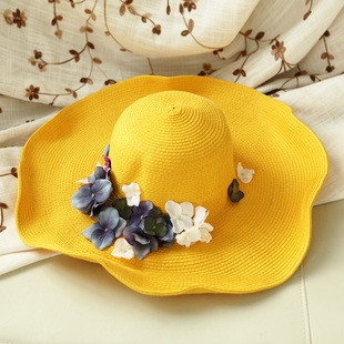 韩版女士花朵遮阳帽太阳帽度假草帽沙滩帽大沿防晒可折叠