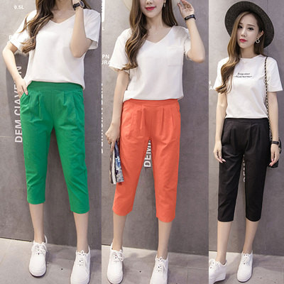 棉麻七分裤2018夏季新款韩版女亚麻中高腰休闲大码宽松哈伦7分裤