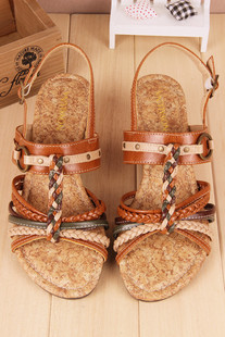  亏本外贸原单正品民族风交叉复古T字坡跟女鞋绑带鱼嘴平底凉鞋