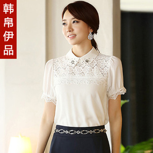  女装夏装新款韩版大码女上衣职业白衬衫蕾丝衫短袖女雪纺衫夏
