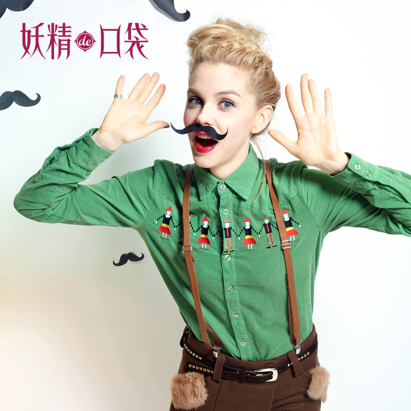妖精的口袋【ELF SACK】陌生房东~刺绣手拉手小人灯芯绒衬衫