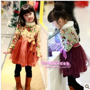  冬装新款韩版儿童装小孩裙子女童加厚碎花蓬纱公主新年连衣裙