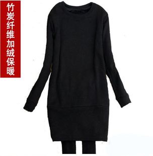  冬季保暖新款韩版冬装加绒加绒加厚中长包臀保暖纯色绒衫卫衣