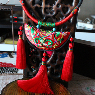  南国古韵原创中国风民族风饰品纯手工复古绣片流苏项链短款喜庆