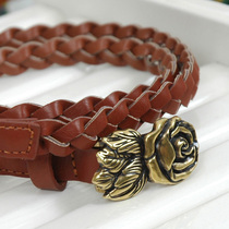 出口日本2013年新款做旧玫瑰铜扣编制时装款百搭真皮细腰带