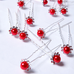  红色白色韩式珍珠水钻古典盘发头花发簪子新娘头饰结婚发饰配饰品