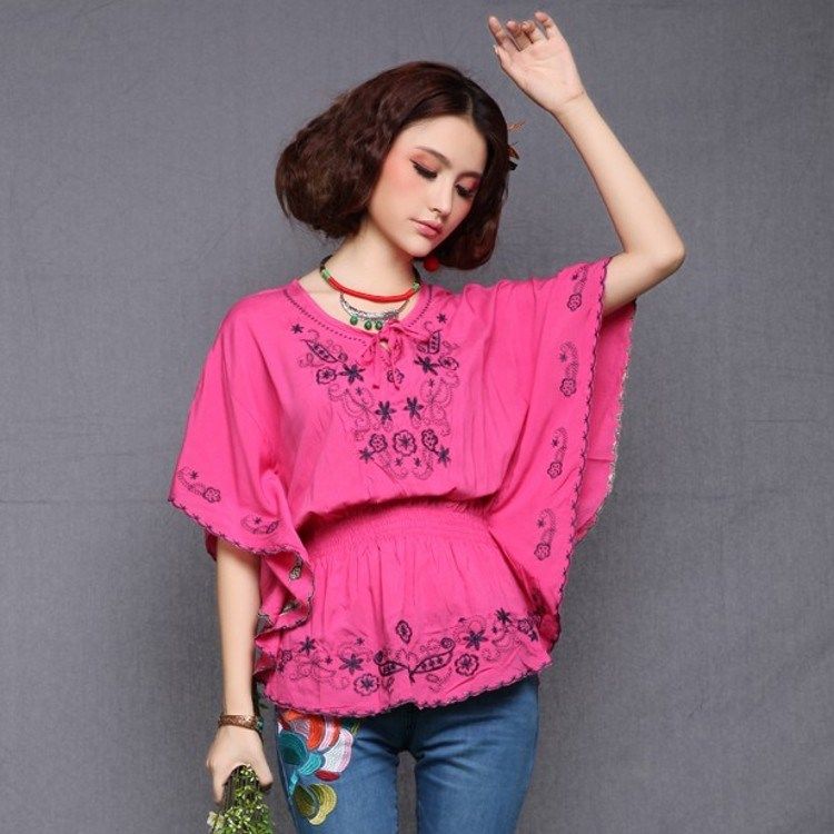 民族风女装2013新款夏款女士衬衫中袖绣花系带宽松衬衣束腰蝙蝠衫