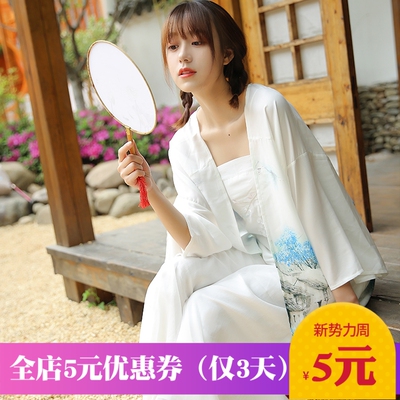 改良日常古风女装夏季仙气中国风汉服开衫外套刺绣雪纺阔腿裤套装
