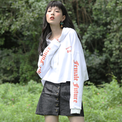 短款薄漏肚脐卫衣女2018新款秋季高腰连帽长袖上衣韩版潮学生bf