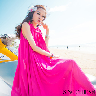  从那以后 唯美双色纯色荷叶边圆领 女装波西米亚连衣裙沙滩裙长裙
