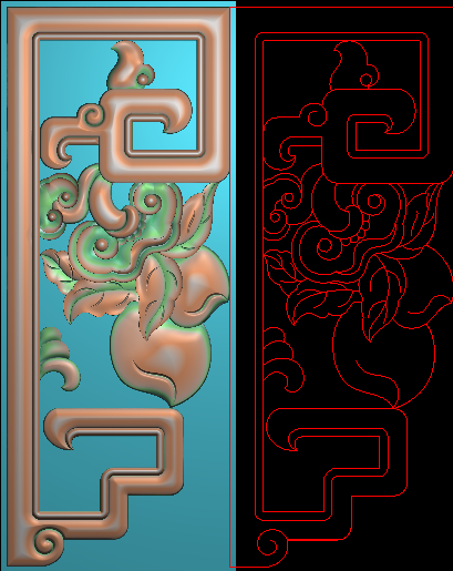 桃子角花精雕图浮雕雕刻图 灰度图灵芝边柱 边板如意 扶手柱耳朵