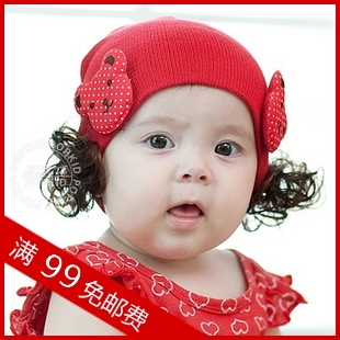 秋冬新款韩国女宝宝假发套头帽子大红色婴儿帽