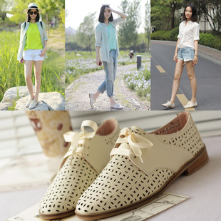  新款复古镂空牛筋底女鞋 英伦风系带平跟单鞋 休闲平底女鞋