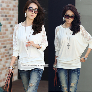  【天天特价】春秋新款女装韩版大码蝙蝠衫宽松蕾丝拼接打底衫T恤