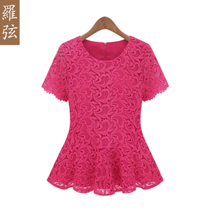  罗弦新款夏装T恤女短袖蕾丝拼接t恤衫 欧美女装镂空蕾丝上衣