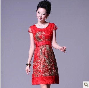刺绣绸缎连衣裙新娘结婚宴婚庆婚礼妈妈装套装礼服夏季短袖套裙子 刺绣绸缎连衣裙新娘结婚宴婚庆婚礼妈妈装套装礼服夏季短袖套裙子