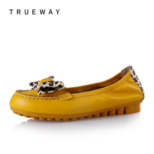  trueway新款品头层牛皮蝴蝶结豹纹低跟糖果女单鞋豆豆鞋tc-17