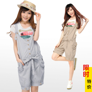  夏装新款甜美休闲背带短裤女 韩版宽松五分裤潮显瘦连体短裤中裤