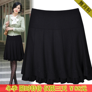 韩版秋冬裙大码高腰半身裙 羊毛荷叶边A字裙 黑色包臀中裙子