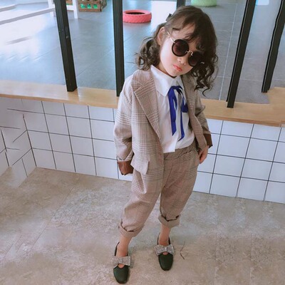 2018男女童宝宝春秋季宽松长袖儿童外套+格子休闲裤两件套装 潮