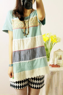  么么家 夏装新款女装 森女系格子波点蕾丝拼接中长款短袖t恤 女